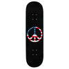 The violet VIOLET AMERICAN PEACE BLACK skateboard deck features a full-color American flag peace symbol graphic at the center and assorted color veneer.