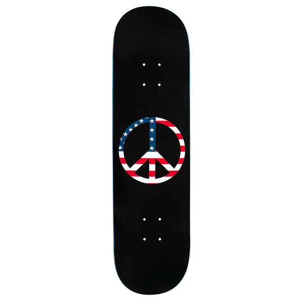 The violet VIOLET AMERICAN PEACE BLACK skateboard deck features a full-color American flag peace symbol graphic at the center and assorted color veneer.