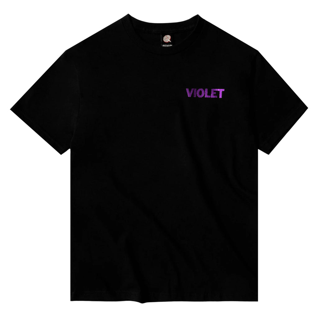 A black VIOLET PEACE TEE BLACK with a reflective vinyl print of the word violet.