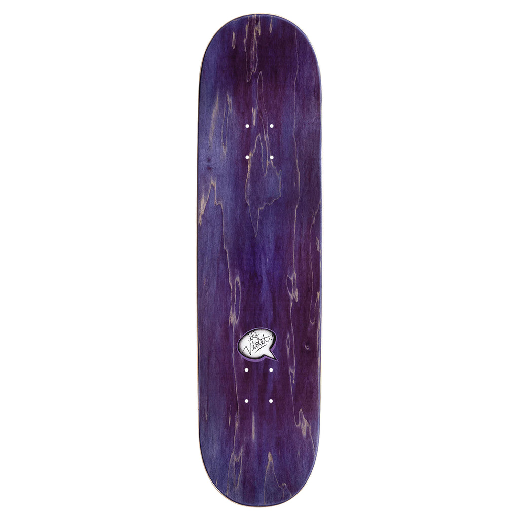 The skateboard deck, named "VIOLET 'JEFFREY'S FREE' (PRAYING)" by the brand violet, showcases a striking violet design with a small white logo in the center. Its dynamic wheelbase guarantees stability and performance for every skate session.