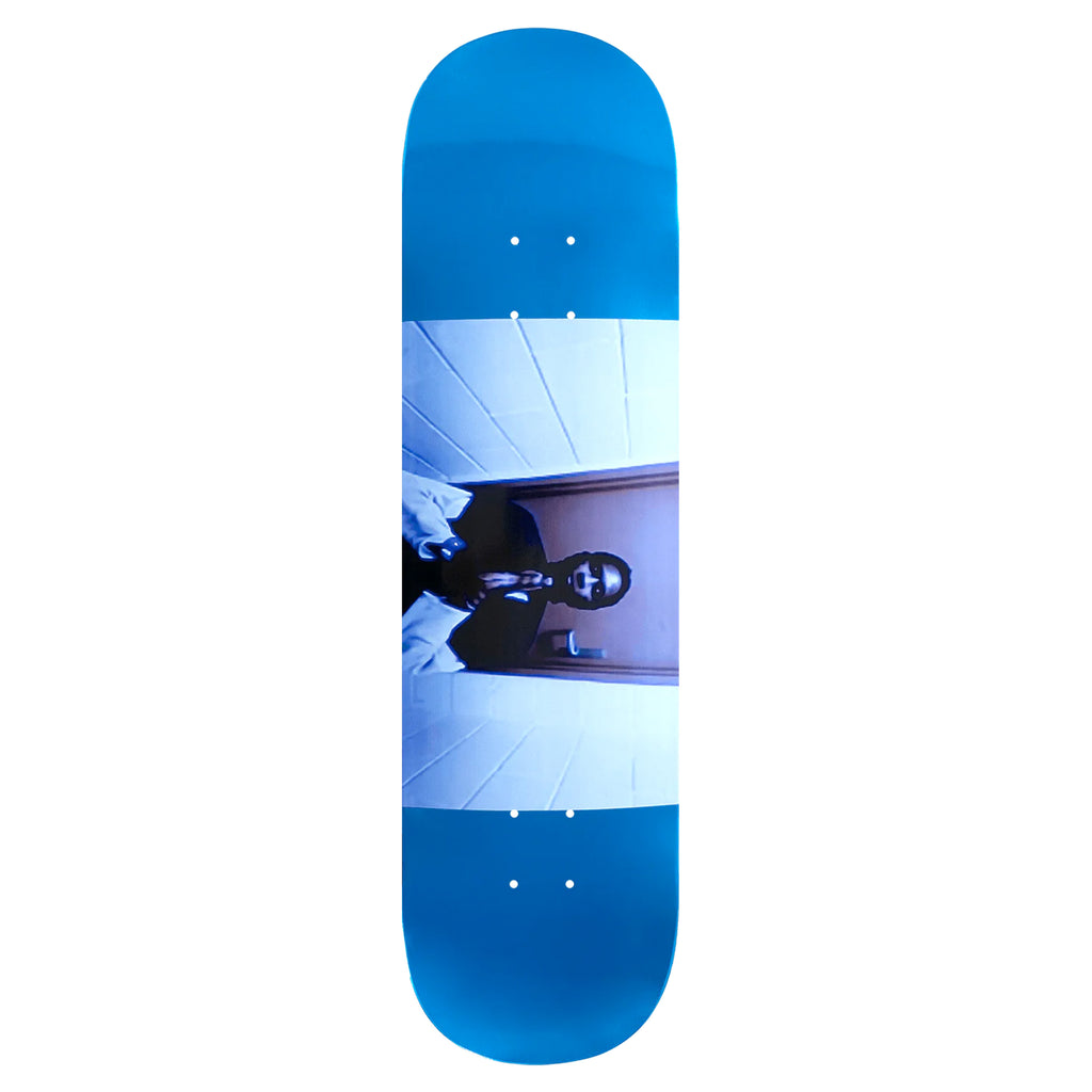 VIOLET "JEFFREY'S FREE" (PRAYING) skateboard deck by violet features a striking metallic foil finish with a black and white photo of a person in a hallway. It comes in various sizes to meet the needs of every skater.