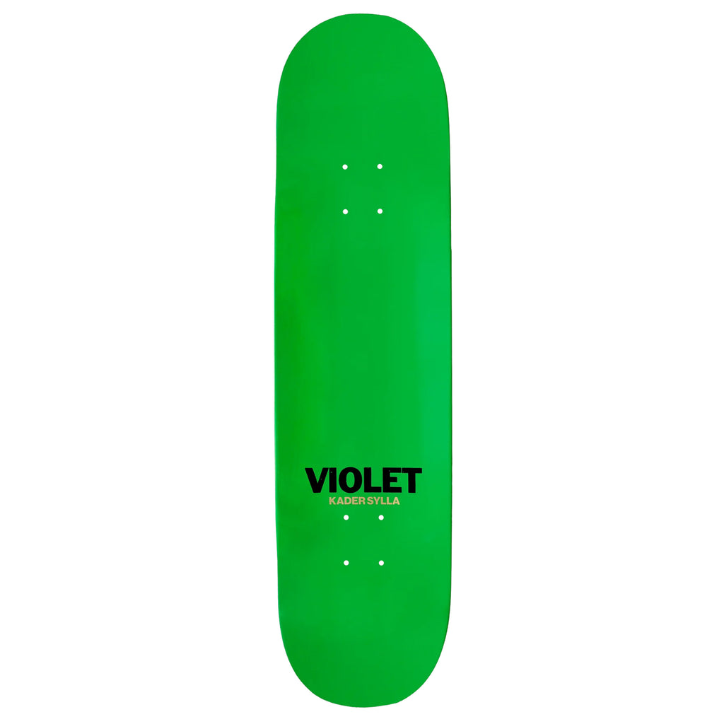 The lime green underside of the dipped skateboard deck that reads "VIOLET - KADER SYLLA".