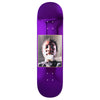 A metallic purple skateboard deck with an image of a man holding cash in his mouth.