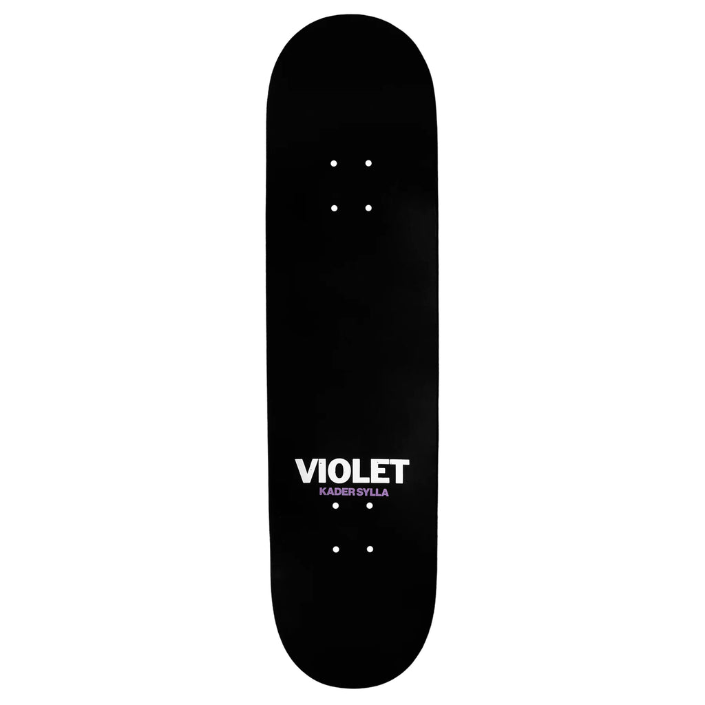 The black underside of the dipped skateboard deck that reads "VIOLET - KADER SYLLA". 