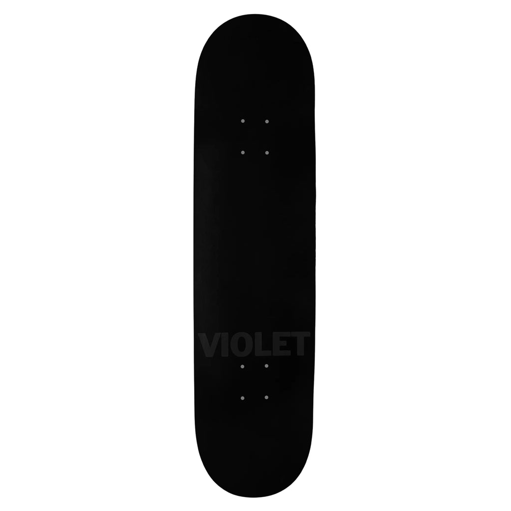 Black skateboard deck with unique artwork, featuring the word "VIOLET" subtly printed near the bottom in dark gray, reminiscent of the iconic style of VIOLET's STUDDED BANANA BEAR.