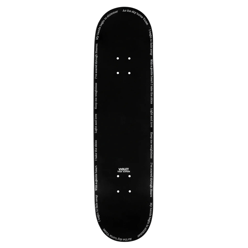 The VIOLET TROY PRO MODEL NUMBER 2 BLACK skateboard deck from violet displays Sage Thomas Artwork, with white text along the edges, dual sets of holes for truck mounting, and a small logo near the center. It's perfect for riders looking for distinct designs with precise skateboard size specifications.