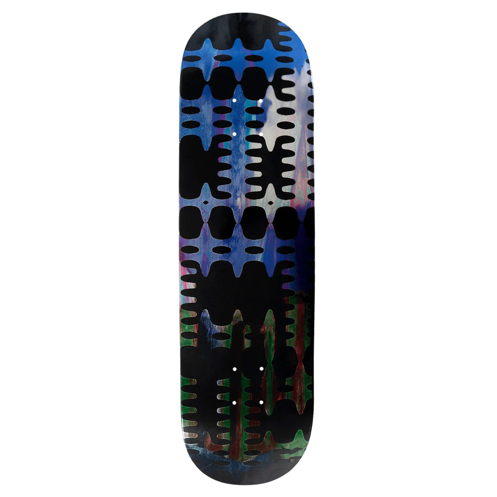 This Violet Troy Pro Model Number 2 Black skateboard deck, sized 8.38, features a colorful abstract pattern with dark, wavy shapes on a vibrant multicolored background.