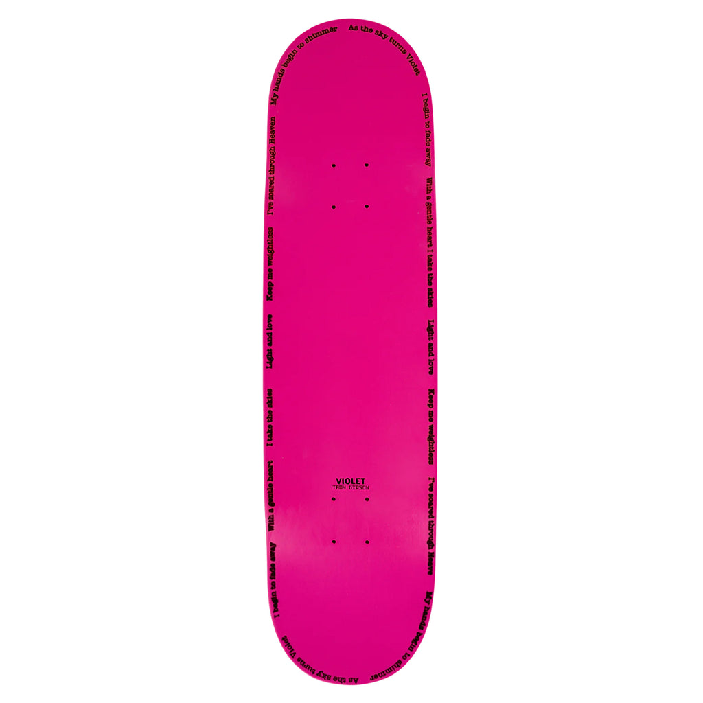 The VIOLET TROY PRO MODEL NUMBER 2 PINK skateboard deck, in size 8.25, showcases black text around the edges with "Violet" prominently displayed at the center, evoking the essence of a Sage Thomas art masterpiece.