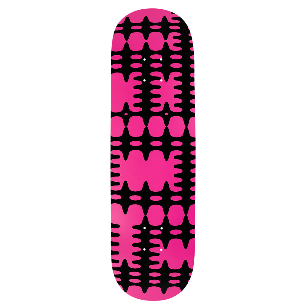 The VIOLET TROY PRO Model Number 2 Pink skateboard deck by violet features an eye-catching pink and black geometric pattern with abstract shapes, ideal for those who admire bold design.