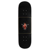 A black skateboard deck from the brand violet, named "IN THE ESSENCE," showcases artwork in Violet Kader's style, featuring a red-painted person enveloped by abstract white and yellow lines at its center.
