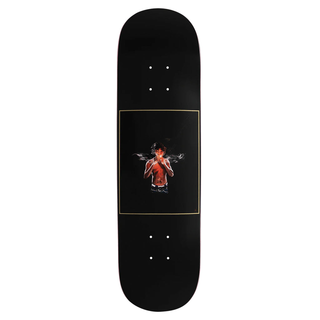 A black skateboard deck from the brand violet, named "IN THE ESSENCE," showcases artwork in Violet Kader's style, featuring a red-painted person enveloped by abstract white and yellow lines at its center.