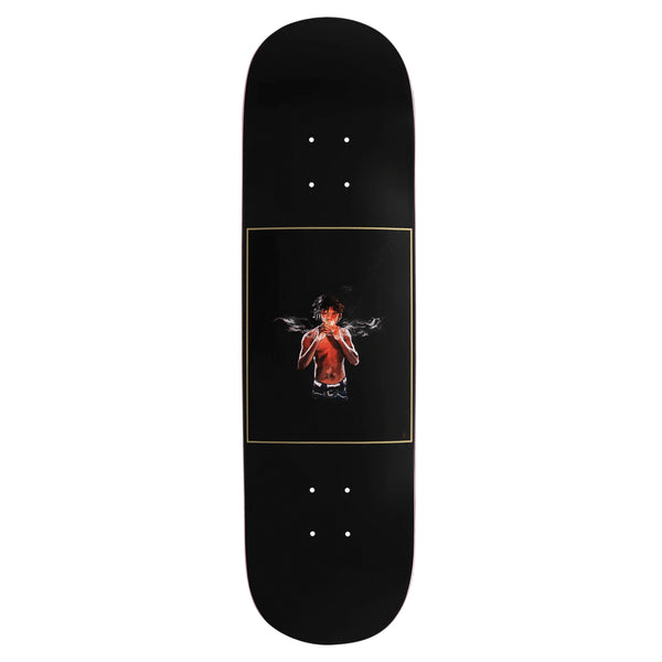 A black skateboard deck from the brand violet, named "IN THE ESSENCE," showcases artwork in Violet Kader's style, featuring a red-painted person enveloped by abstract white and yellow lines at its center.