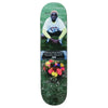 A VIOLET blue skateboard featuring a picture of a man in front of flowers.