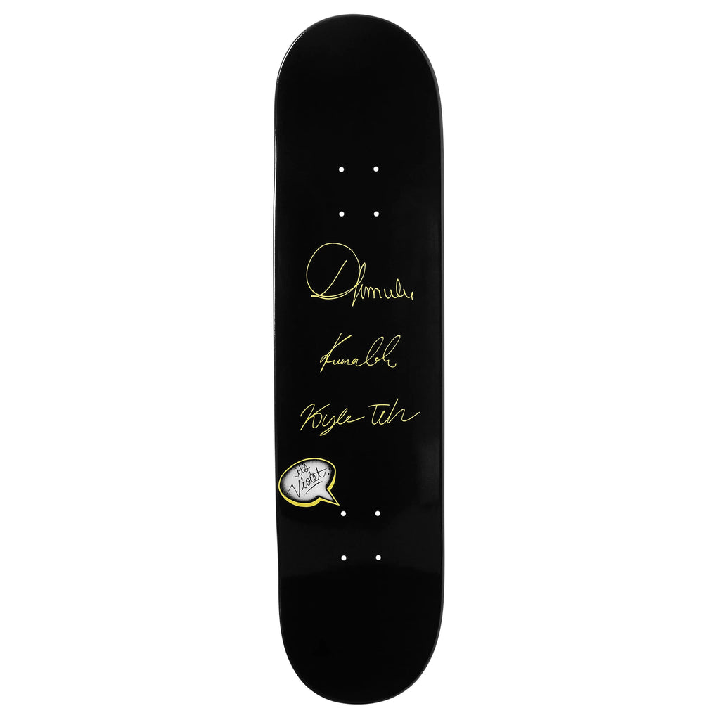 A black skateboard with a signature by Frank Dorrey called the Violet "One Family Under God".