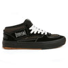 The VANS SKATE HALF CAB WAFFLE CUP BLACK / ASPHALT features black and dark gray uppers, white laces and stitching, a gum Wafflecup sole, PopCush insoles, and a "Half Cab" side label.