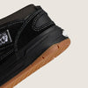 Close-up of the VANS SKATE HALF CAB WAFFLE CUP BLACK / ASPHALT by VANS, featuring white stitching, a gum Wafflecup outsole with "WAFFLECUP" text on the midsole, and PopCush insoles.