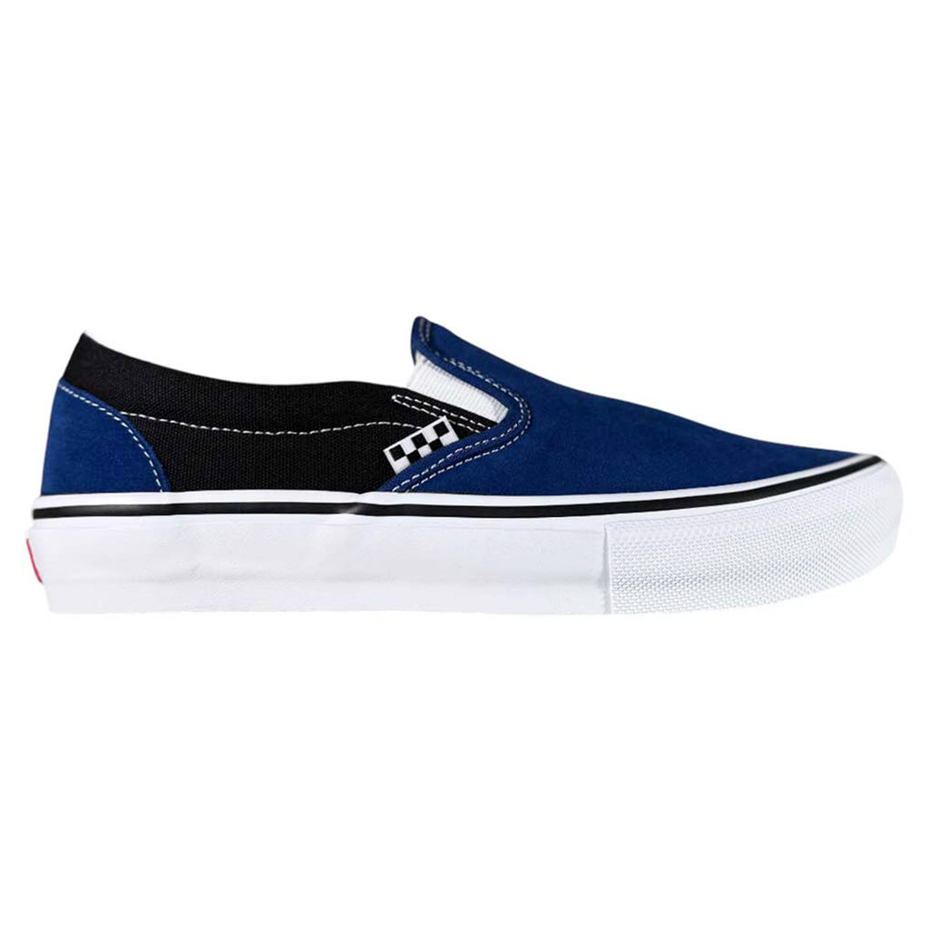 The VANS SKATE SLIP-ON SPORT BLUE / BLACK is a blue slip-on sneaker featuring a white sole, black trim, and a small black-and-white checkered pattern. It's engineered with DURACAP™ technology for durability while maintaining its classic skate style.