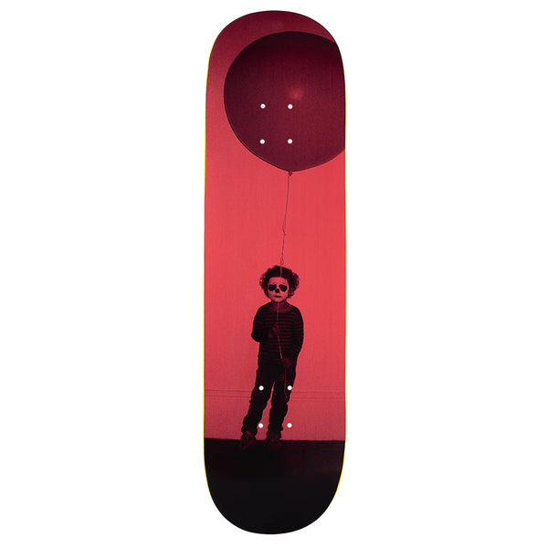 The violet "VIOLET BOY WITH BALLOON" skateboard deck features a graphic of a boy with a balloon in sunglasses on a vivid red backdrop, and an 8.25" wheelbase for added style and stability.