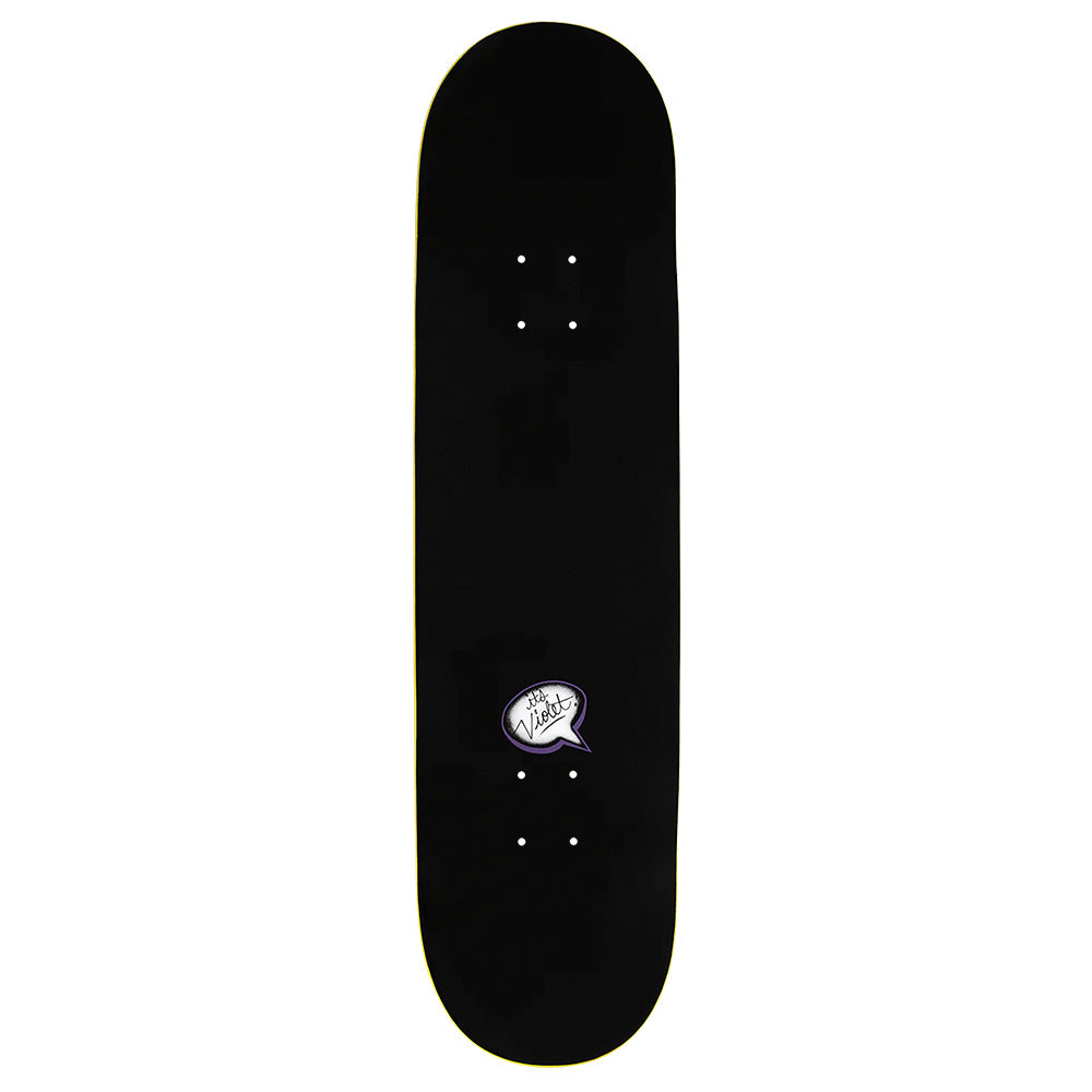 The violet VIOLET BOY WITH BALLOON skateboard deck features a black graphic print with a small white speech bubble and text near the bottom center, crafted with an 8.25" wheelbase for ideal balance.