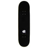 The violet VIOLET BOY WITH BALLOON skateboard deck features a black graphic print with a small white speech bubble and text near the bottom center, crafted with an 8.25" wheelbase for ideal balance.