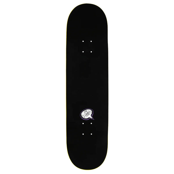 The violet VIOLET BOY WITH BALLOON skateboard deck features a black graphic print with a small white speech bubble and text near the bottom center, crafted with an 8.25" wheelbase for ideal balance.