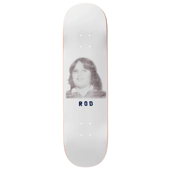 Violet skateboard deck featuring a black and white photo of a woman's face with the word "OXFORD RED" printed below.