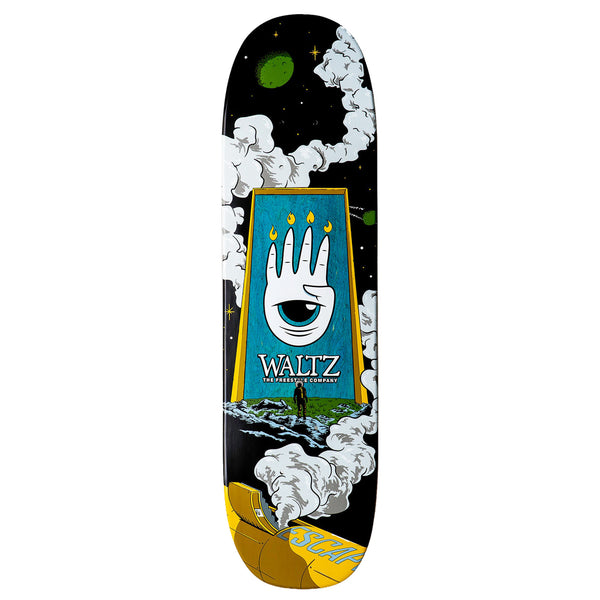 A WALTZ ESCAPE skateboard deck with a blue stain.