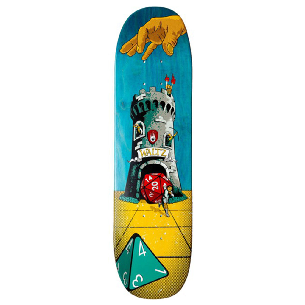 A WALTZ TOWER BLUE STAIN COMPLETE skateboard deck featuring a painting of WALTZ TOWER castle, with a unique BLUE STAIN finish.