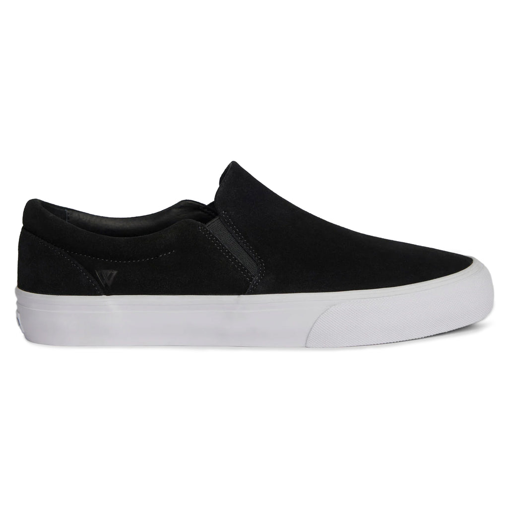 Introducing the WAR SAW STRANGER SLIP-ON in Black/White by WAR SAW. This low-cut, skate-inspired footwear boasts a sleek black upper with elastic side panels and a contrasting white sole. Designed for safety and performance, it features a non-slip outsole.