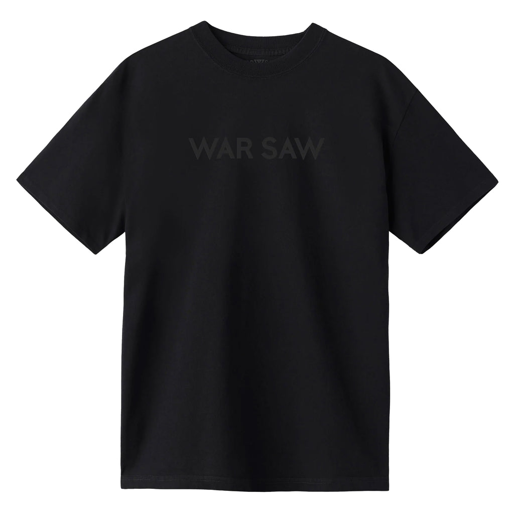 The WAR SAW UNKNOWN TEE BLACK is a 100% cotton tee with "WAR SAW" subtly printed in dark gray on the front.