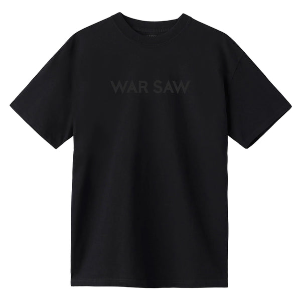 The WAR SAW UNKNOWN TEE BLACK is a 100% cotton tee with "WAR SAW" subtly printed in dark gray on the front.