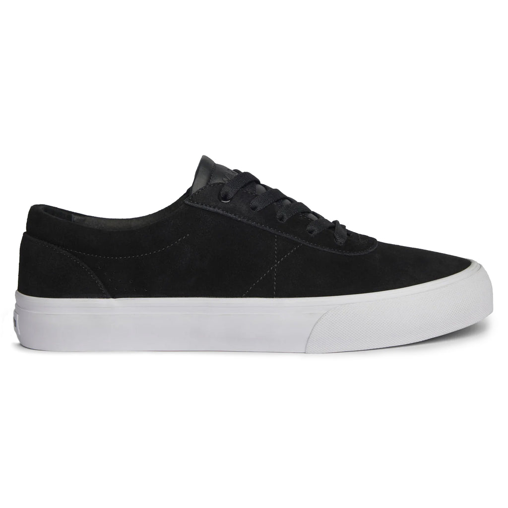 Introducing the War Saw Chapter Black/White sneaker by War Saw: a stylish black low-top featuring a premium suede upper, complemented by black laces and a white vulcanized rubber sole for that skate-inspired vibe.