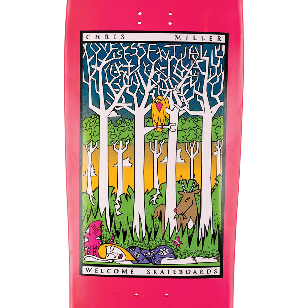 The WELCOME CHRIS MILLER LOVE IS ESSENTIAL ON GAIA skateboard deck features art inspired by Andrew Snarr and Panther Widow, with abstract white trees, a yellow bird, a reclining figure, and a brown animal.