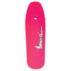 The WELCOME CHRIS MILLER LOVE IS ESSENTIAL ON GAIA skateboard deck by WELCOME features a vibrant pink color with a small black-and-white graphic and "Welcome Skateboards" printed vertically, designed by Andrew Snarr.
