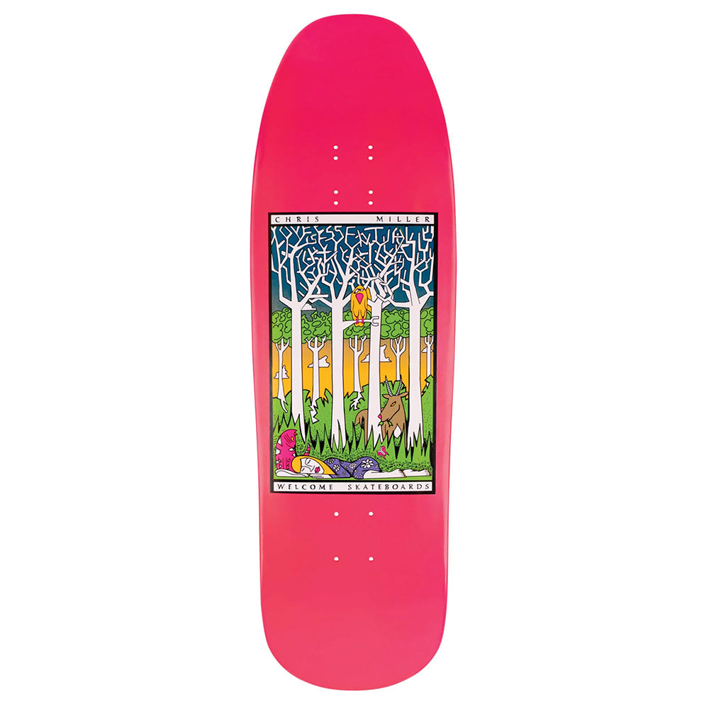 The WELCOME CHRIS MILLER LOVE IS ESSENTIAL ON GAIA skateboard deck features a pink and purple forest scene with animals and birds, framed by "Chris Miller" and "Welcome Skateboards," in the Jake Yankos Pro Shape.