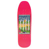 The WELCOME CHRIS MILLER LOVE IS ESSENTIAL ON GAIA skateboard deck features a pink and purple forest scene with animals and birds, framed by "Chris Miller" and "Welcome Skateboards," in the Jake Yankos Pro Shape.