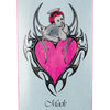 An illustration of a thoughtful pink-haired angel with a halo rests on a heart outlined in black tribal design, with dark red accents. "WELCOME EVAN MOCK ON MOONTRIMMER 2.0" by WELCOME is printed below the artwork.