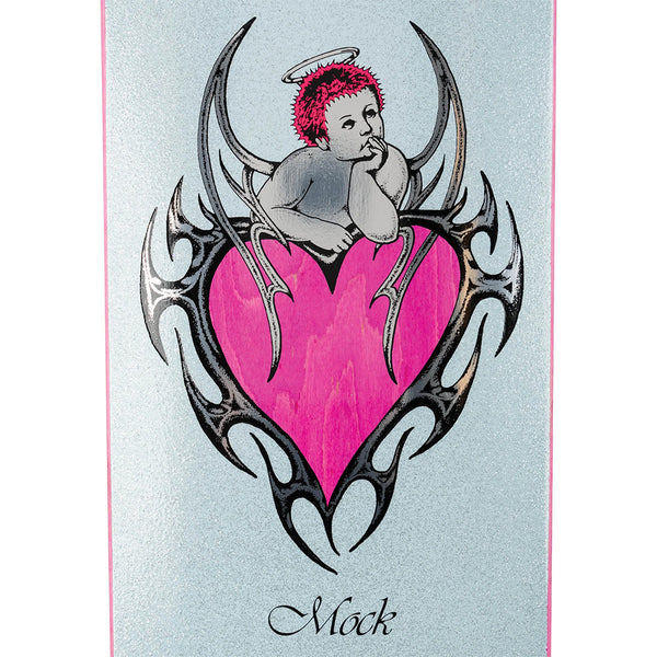 An illustration of a thoughtful pink-haired angel with a halo rests on a heart outlined in black tribal design, with dark red accents. "WELCOME EVAN MOCK ON MOONTRIMMER 2.0" by WELCOME is printed below the artwork.