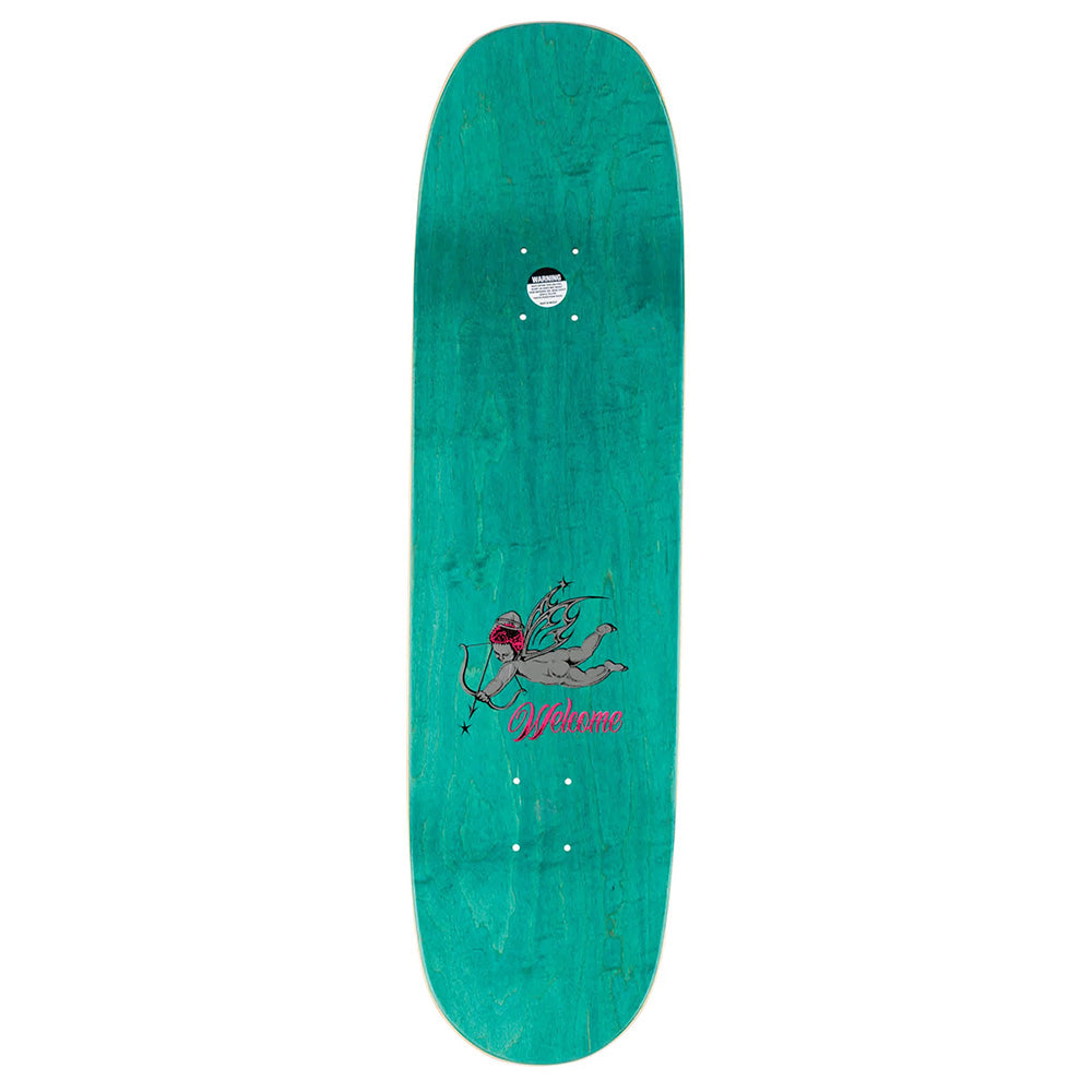 The WELCOME EVAN MOCK ON MOONTRIMMER 2.0 deck features a green design with a winged cherub holding a bow and arrow, prism foil accents, and "Welcome" printed below the graphic.
