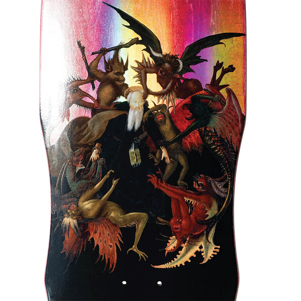 A painting of a bearded man surrounded by winged demons appears against a gradient backdrop on the WELCOME TORMENT ON DARK LORD skateboard deck, featuring bold White/Gold Foil accents.
