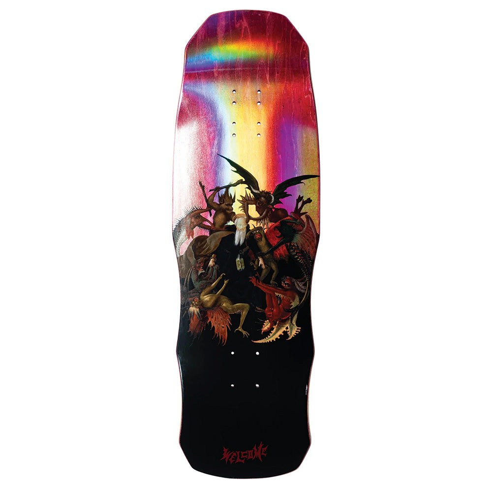 The WELCOME TORMENT ON DARK LORD skateboard deck features a holographic background, detailed mythical creatures in battle, "Welcome" branding at the bottom, and White/Gold Foil accents.