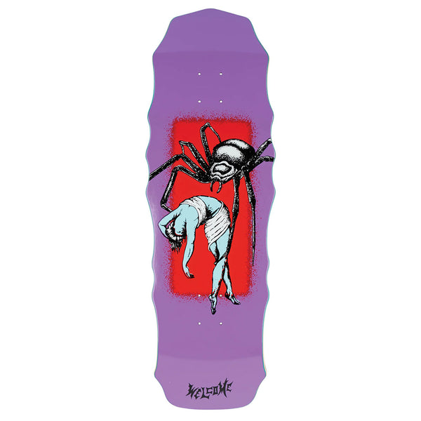The WELCOME WIDOW ON WIDOW skateboard deck by WELCOME features a purple Pro Shape design with a large black spider and a blue human figure wrapped in its legs, set against a red background.