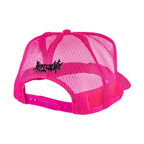 Back view of the WELCOME X BRITNEY INNOCENT PUFF-PRINT TRUCKER HAT in bright pink mesh with black embroidered text on the adjustable snapback strap, showcasing the classic style of a trucker hat.