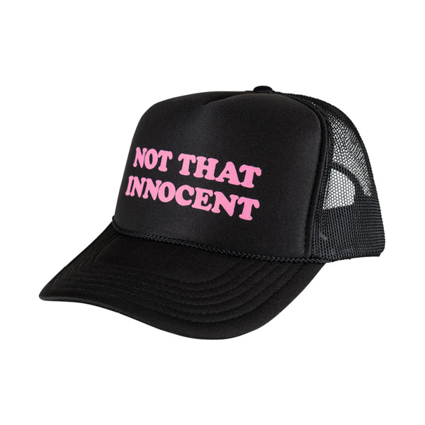 The WELCOME X BRITNEY INNOCENT PUFF-PRINT TRUCKER HAT BLACK features a black colorway with pink puff-print text reading "NOT THAT INNOCENT" on the front panel, perfectly channeling iconic Britney vibes.