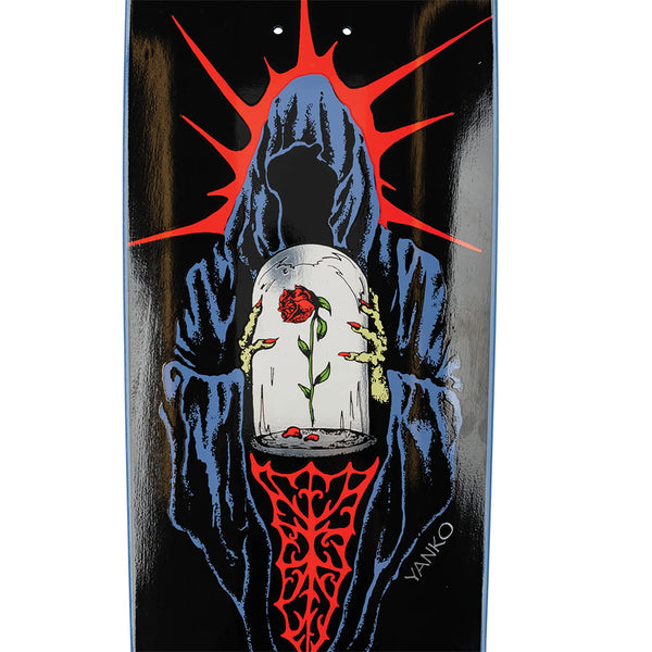 The WELCOME YANKO WILTED ON PANTHER by WELCOME depicts a hooded, faceless figure holding a glass dome with a single red rose, set against a black and red patterned background inspired by Andrew Snarr art.
