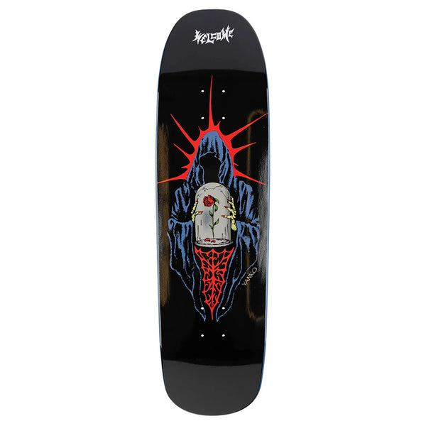 The WELCOME YANKO WILTED ON PANTHER skateboard deck features Andrew Snarr's art of a hooded, faceless figure with a rose in a glass dome and red light rays, from the Moontrimmer 2.0 series by WELCOME.