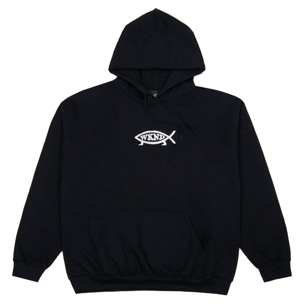 An embroidered WKND EVO FISH HOODIE BLACK made with preshrunk fabric.