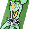 A green WKND skateboard with a cartoon character on it, featuring art by WKND FILIP ALMQVIST FAYGO.