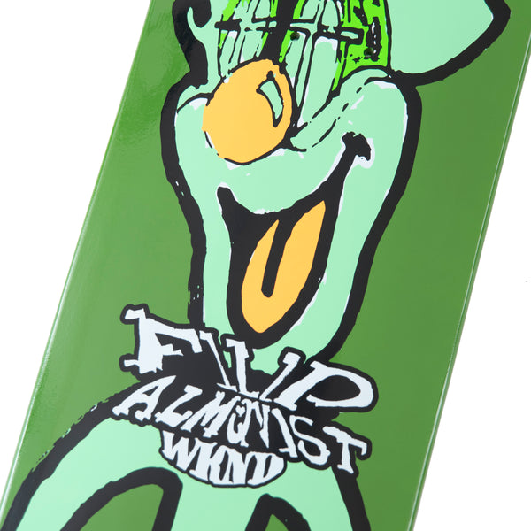 A green WKND skateboard with a cartoon character on it, featuring art by WKND FILIP ALMQVIST FAYGO.