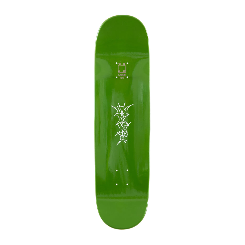 A green WKND skateboard with white writing on it, featuring the Pro Model and Art By Almqvist.